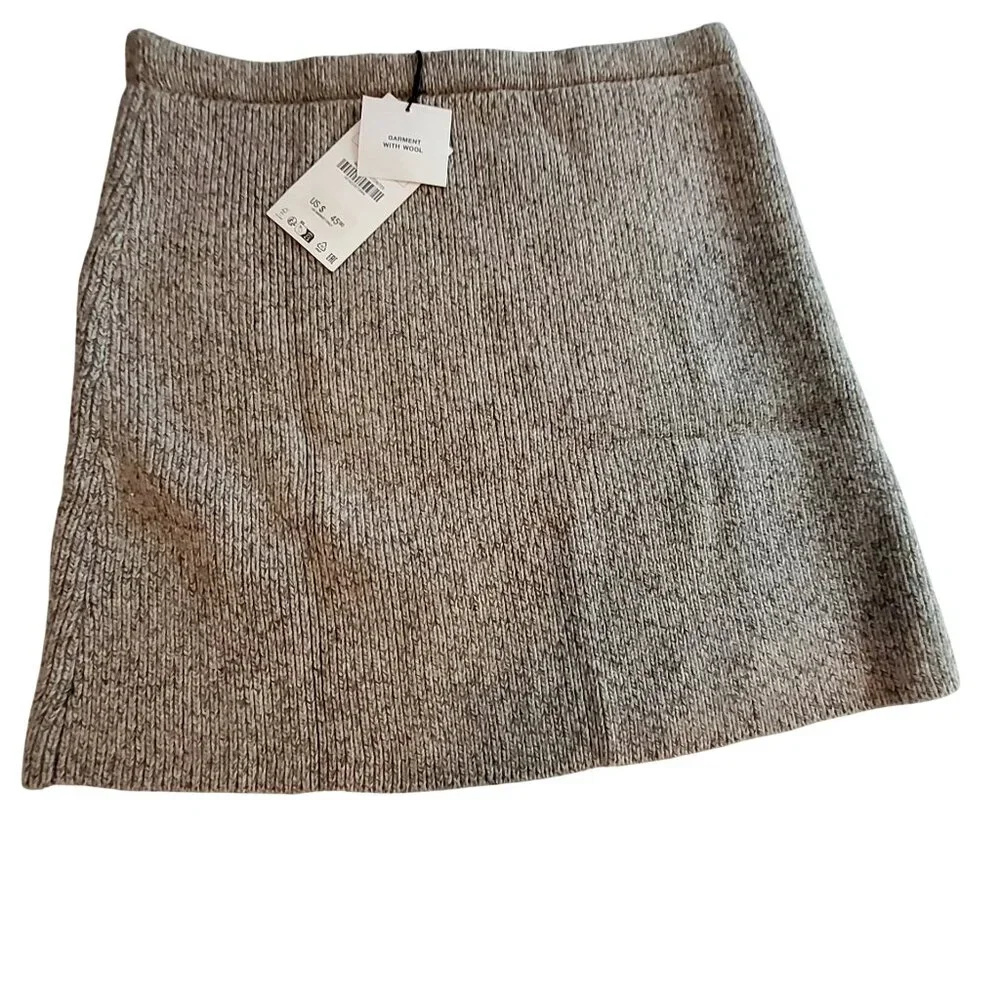 Zara Womens Wool-Blend Ribbed Mini Skirt Size Large Gray Beige New With Tags